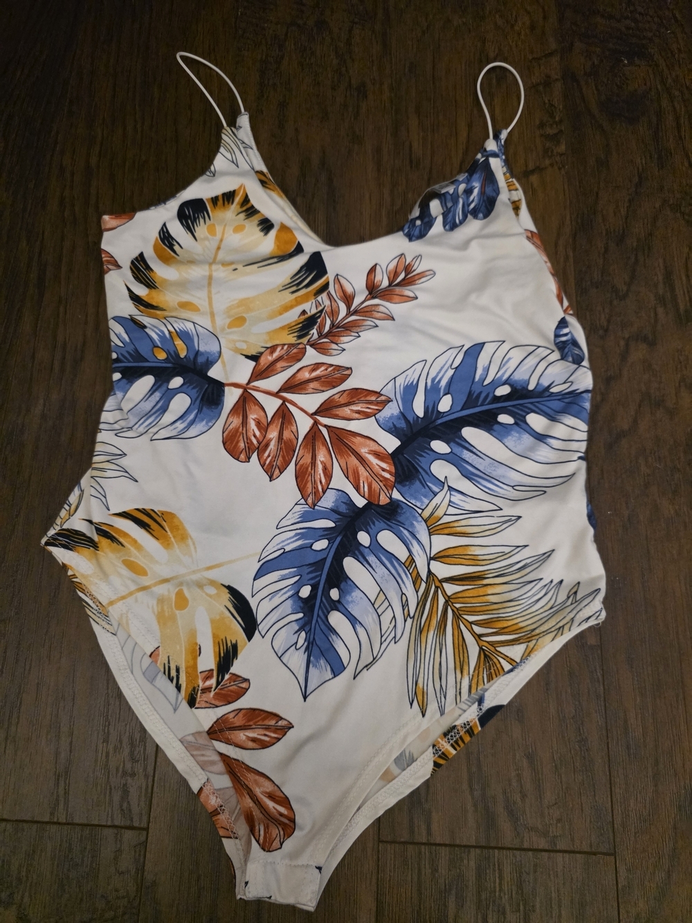 White Tropical Leaf Print Bodysuit with Blue, Yellow and Rust Accents